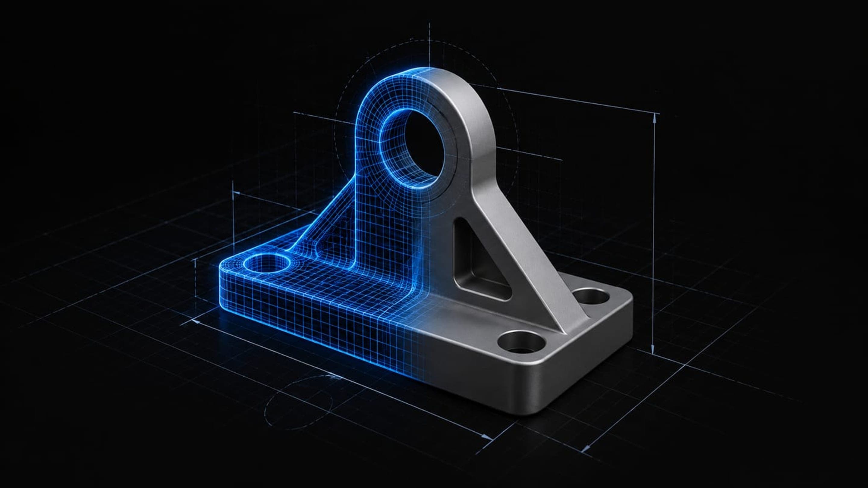 Precision CAD wireframe visualization of 3D engineered part with dimension telemetry