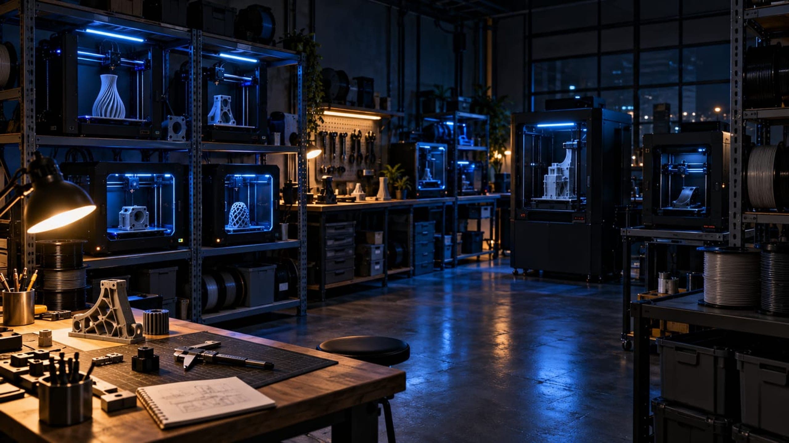Layerium Labs advanced additive manufacturing workshop facility with industrial 3D printing machinery